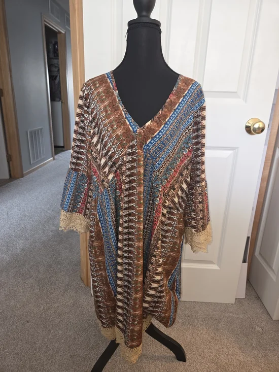 Bohemian Brown & Blue V-Neck Swim Coverup with Crochet Trim - Picture 4 of 5